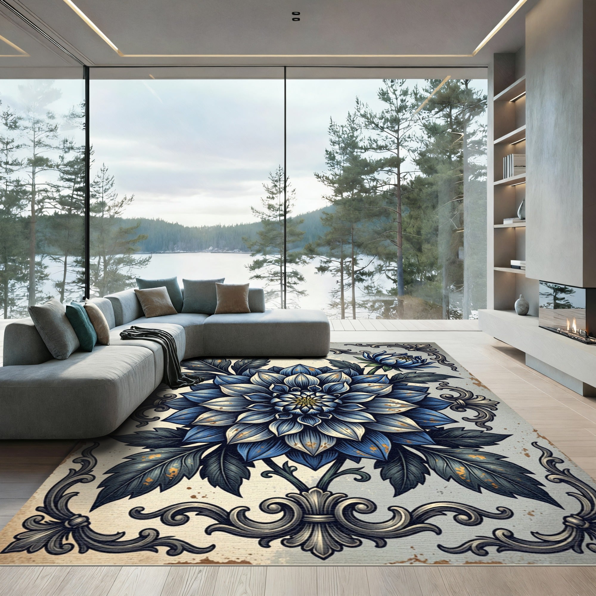 Antique Blue Dahlia Baroque Flourish Rug