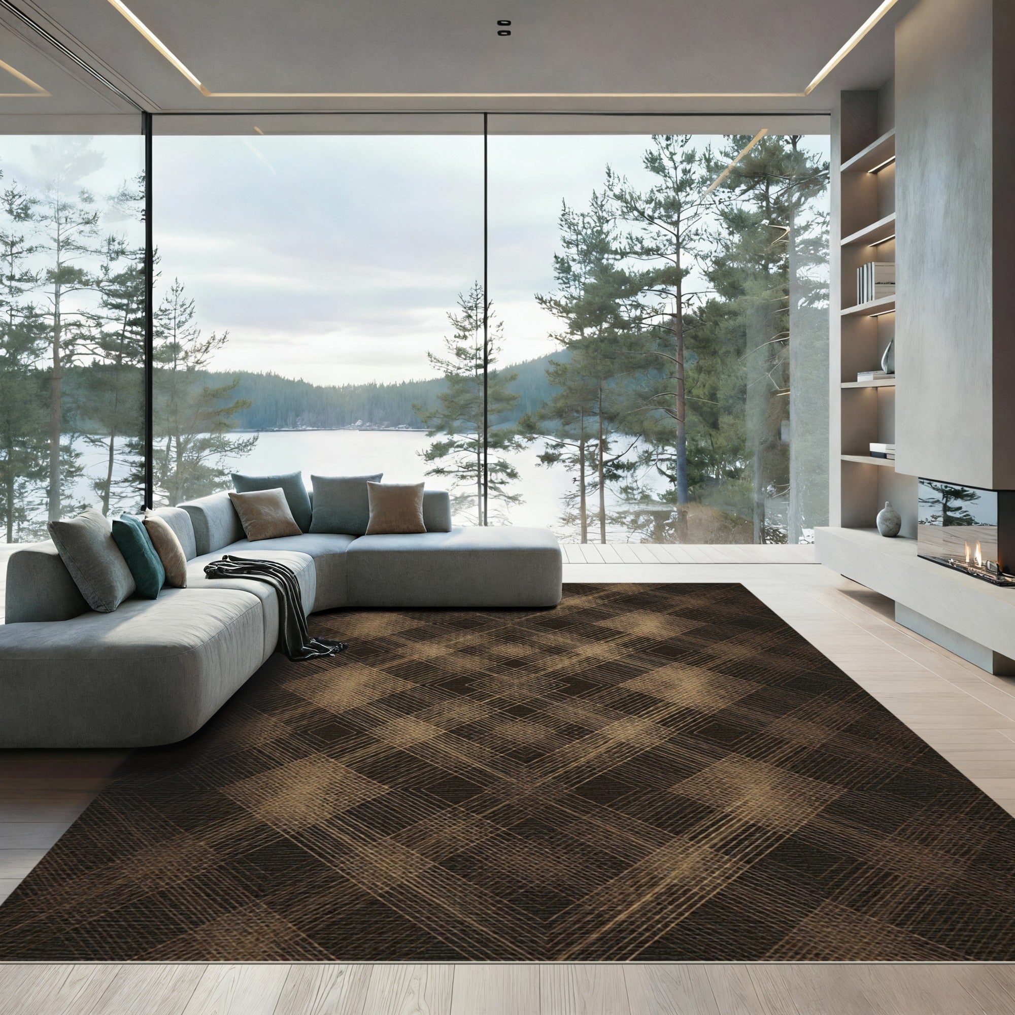 Elegant Bronze Geometric Crosshatch Grid Rug