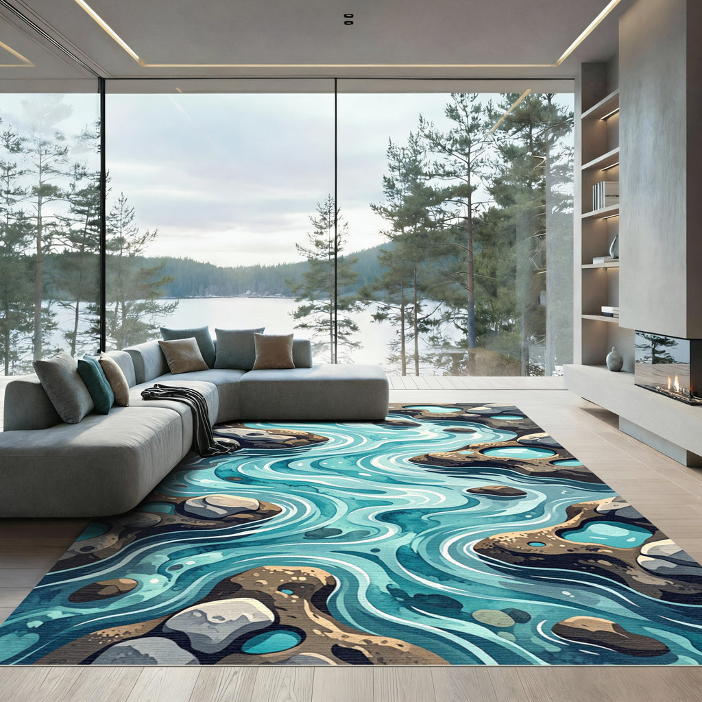 Abstract Blue River Rock Stream Rug