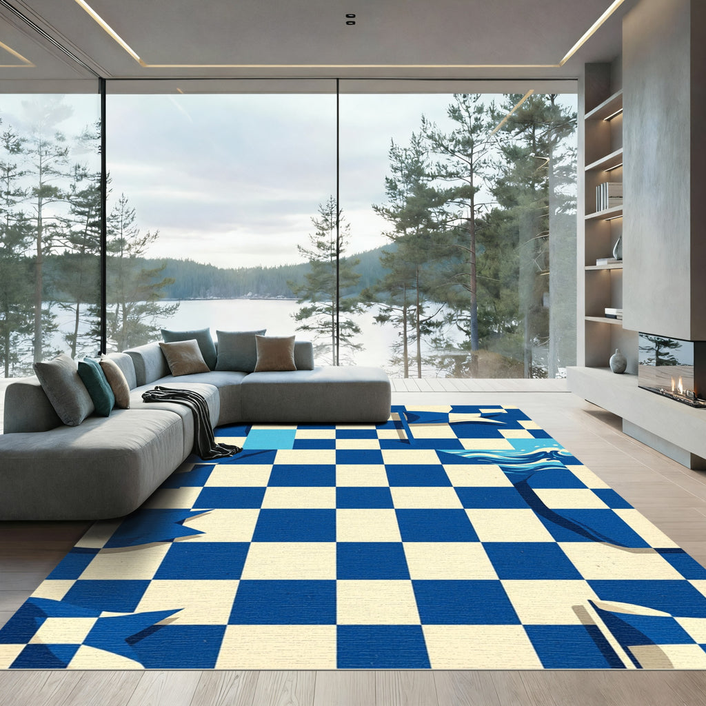 Blue and White Nautical Checkered Wave Rug