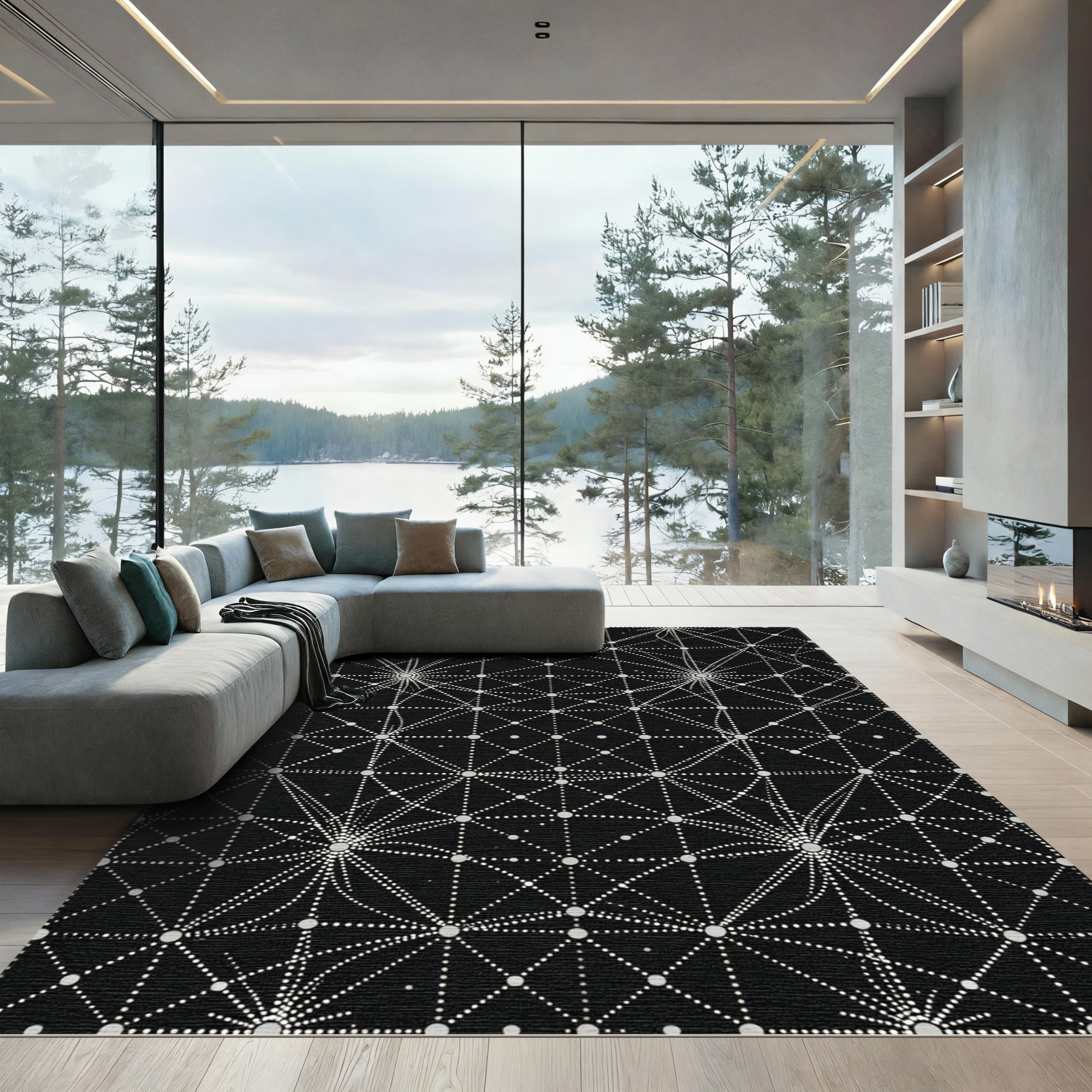 Dotted Black Celestial Starburst Pattern Rug