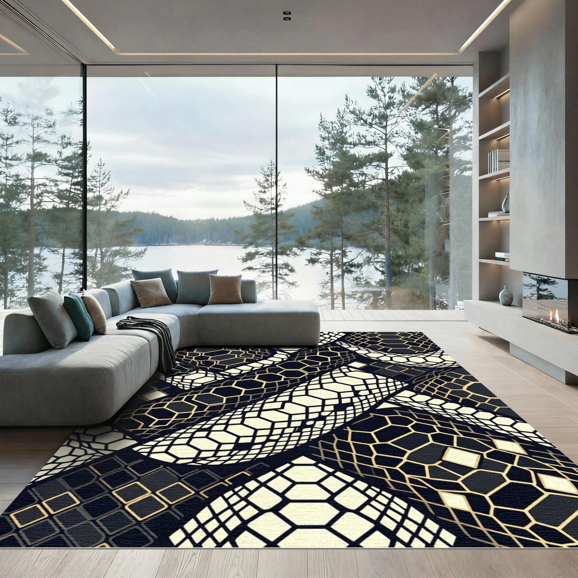 Gold and Black Geometric Hexagon Tile Rug