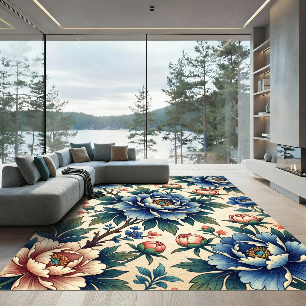 Botanical Blue Peony Floral Tapestry Rug