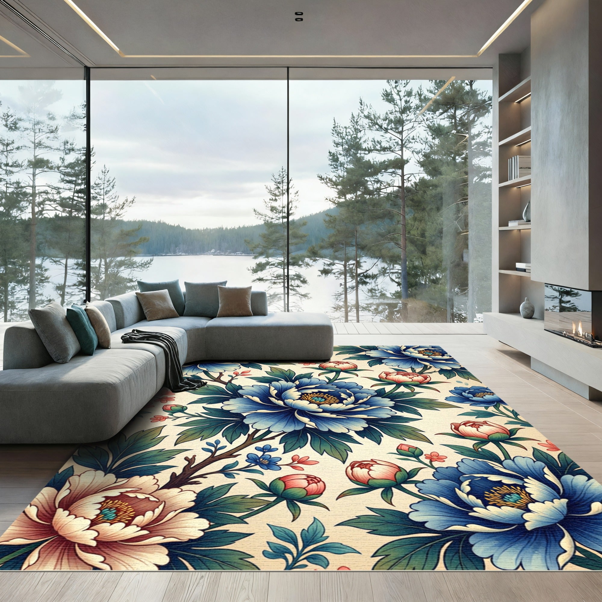 Botanical Blue Peony Floral Tapestry Rug