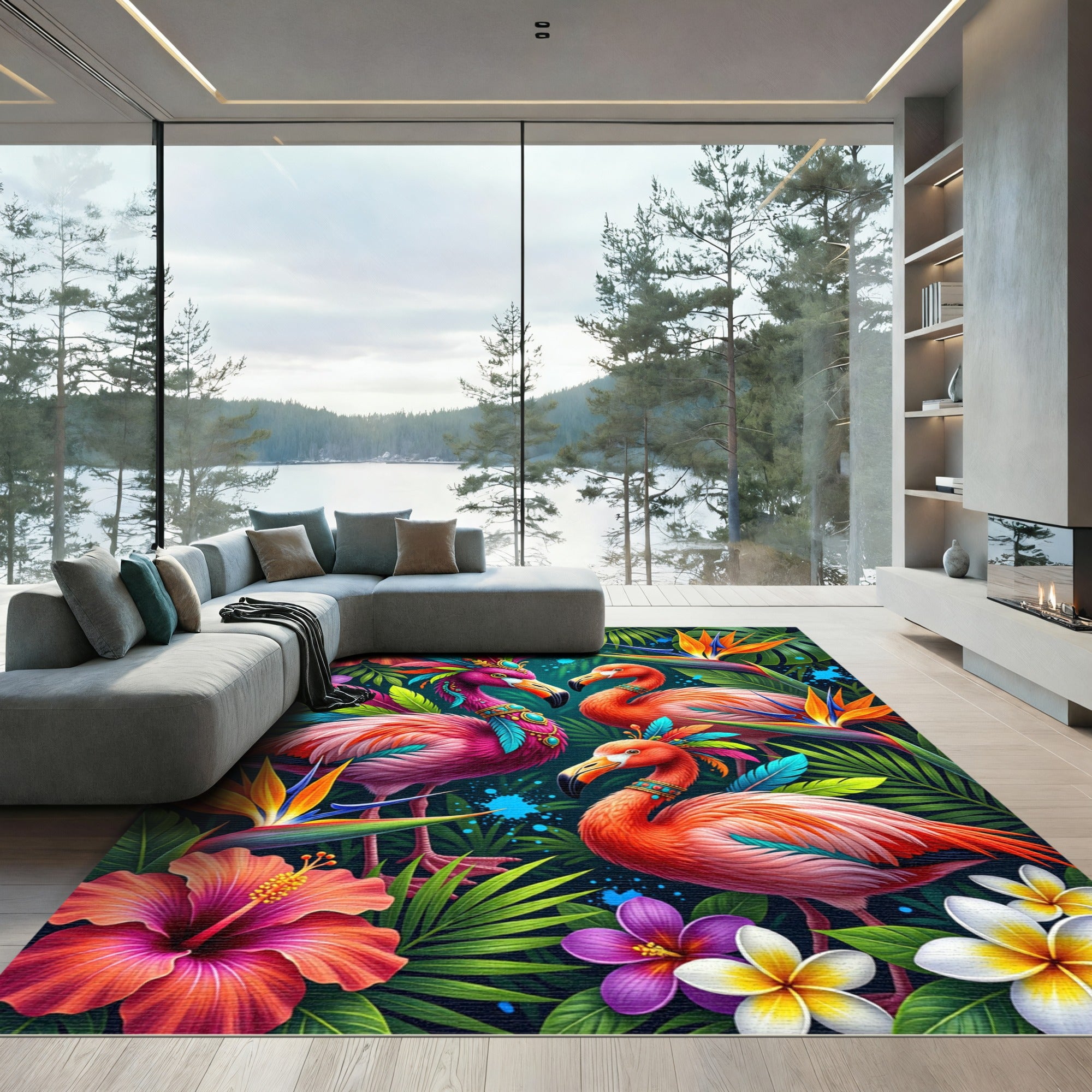 Vibrant Tropical Flamingo Jungle Paradise Rug