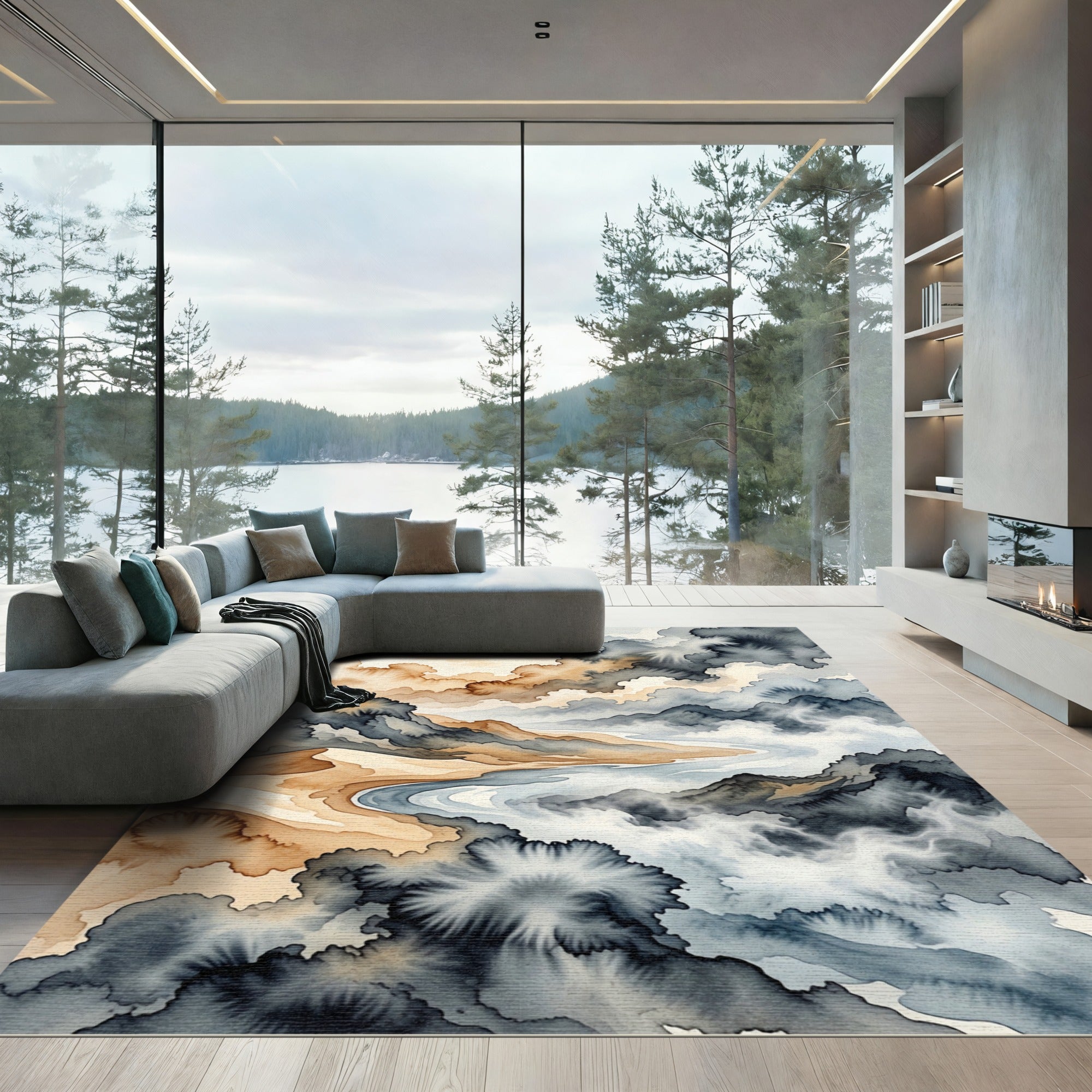 Ethereal Watercolor Mountain Landscape Rug