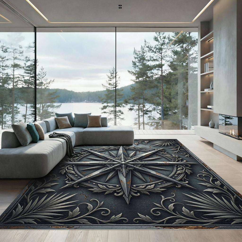 Metallic Silver Compass Star Plaque Rug