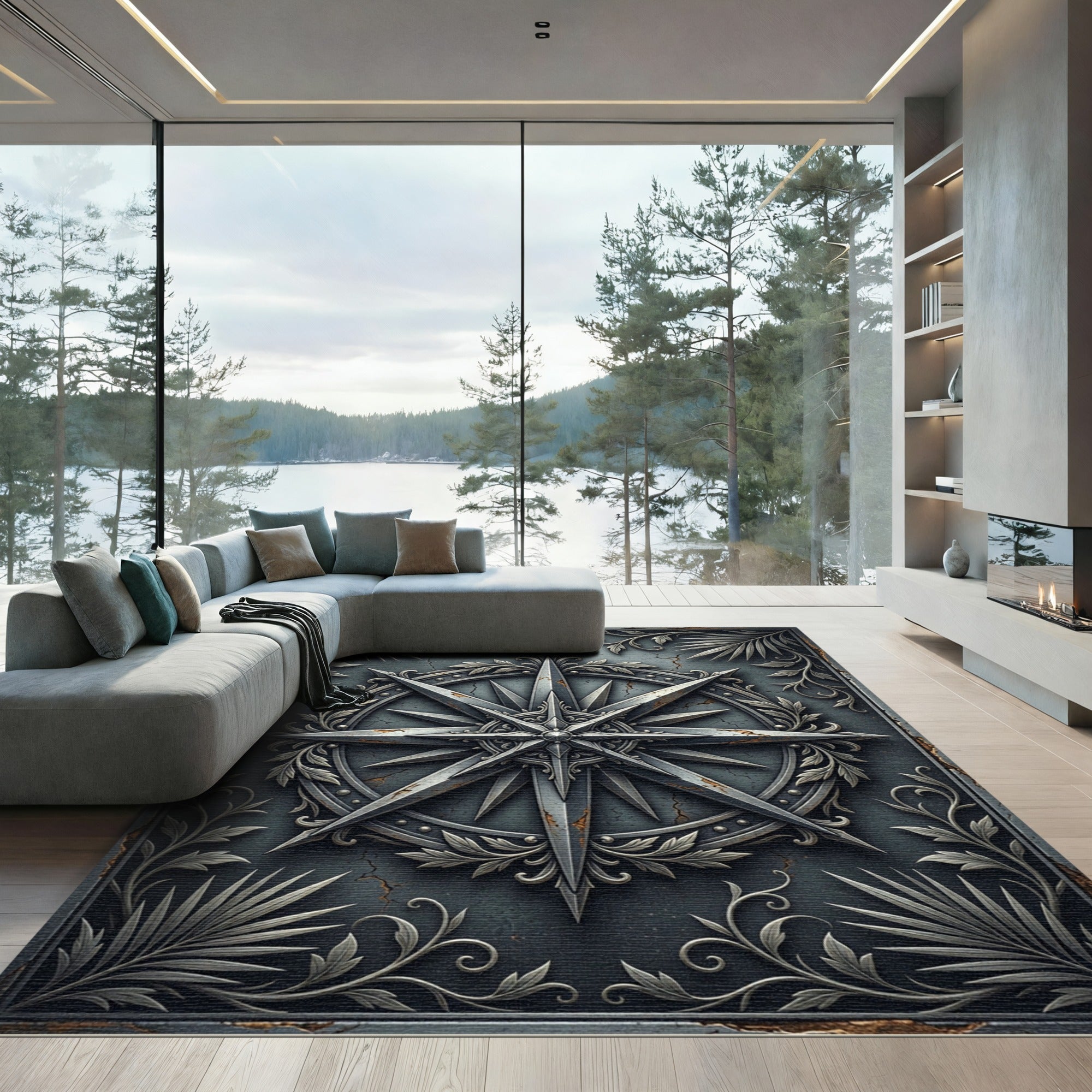 Metallic Silver Compass Star Plaque Rug