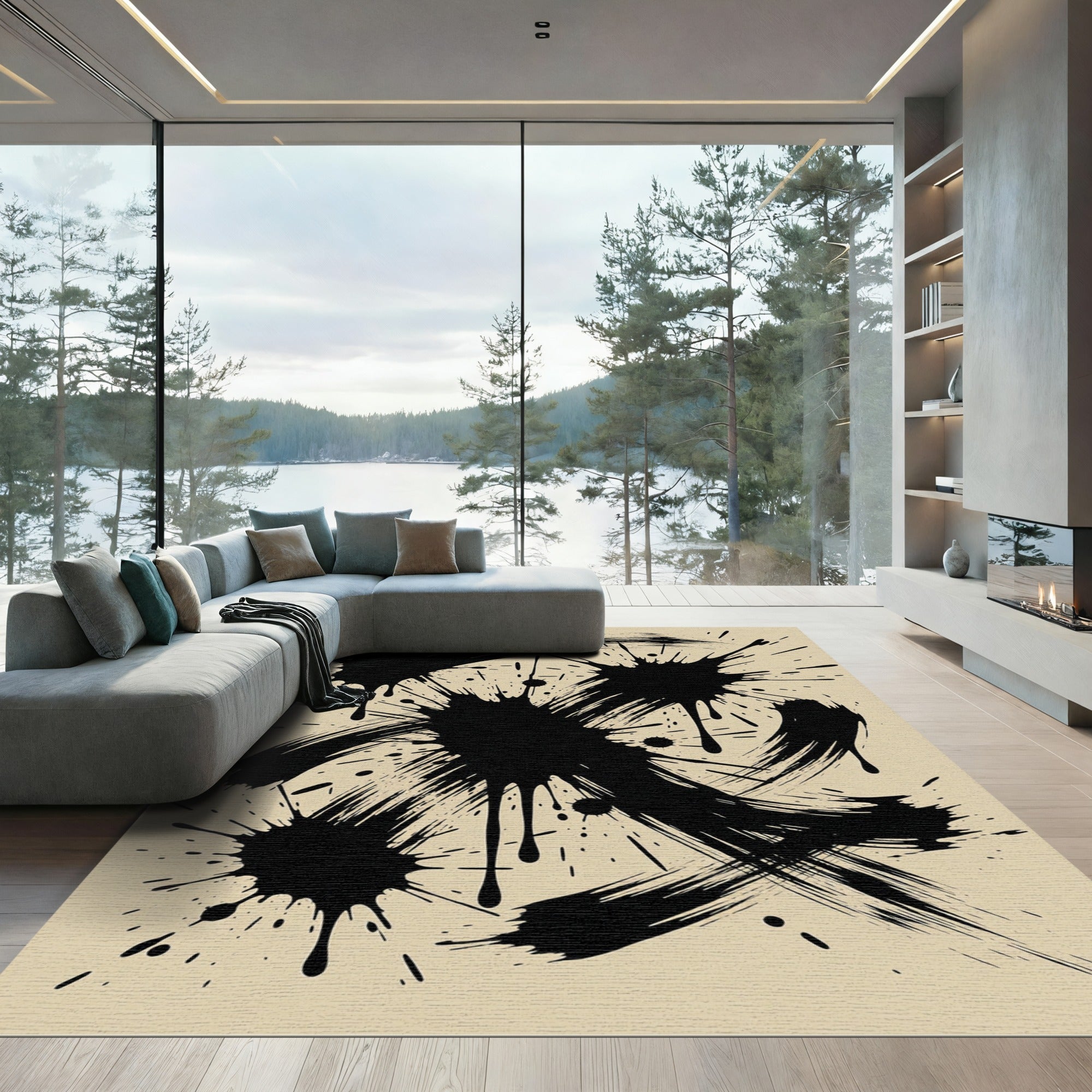 Abstract Black Ink Splatter Area Rug