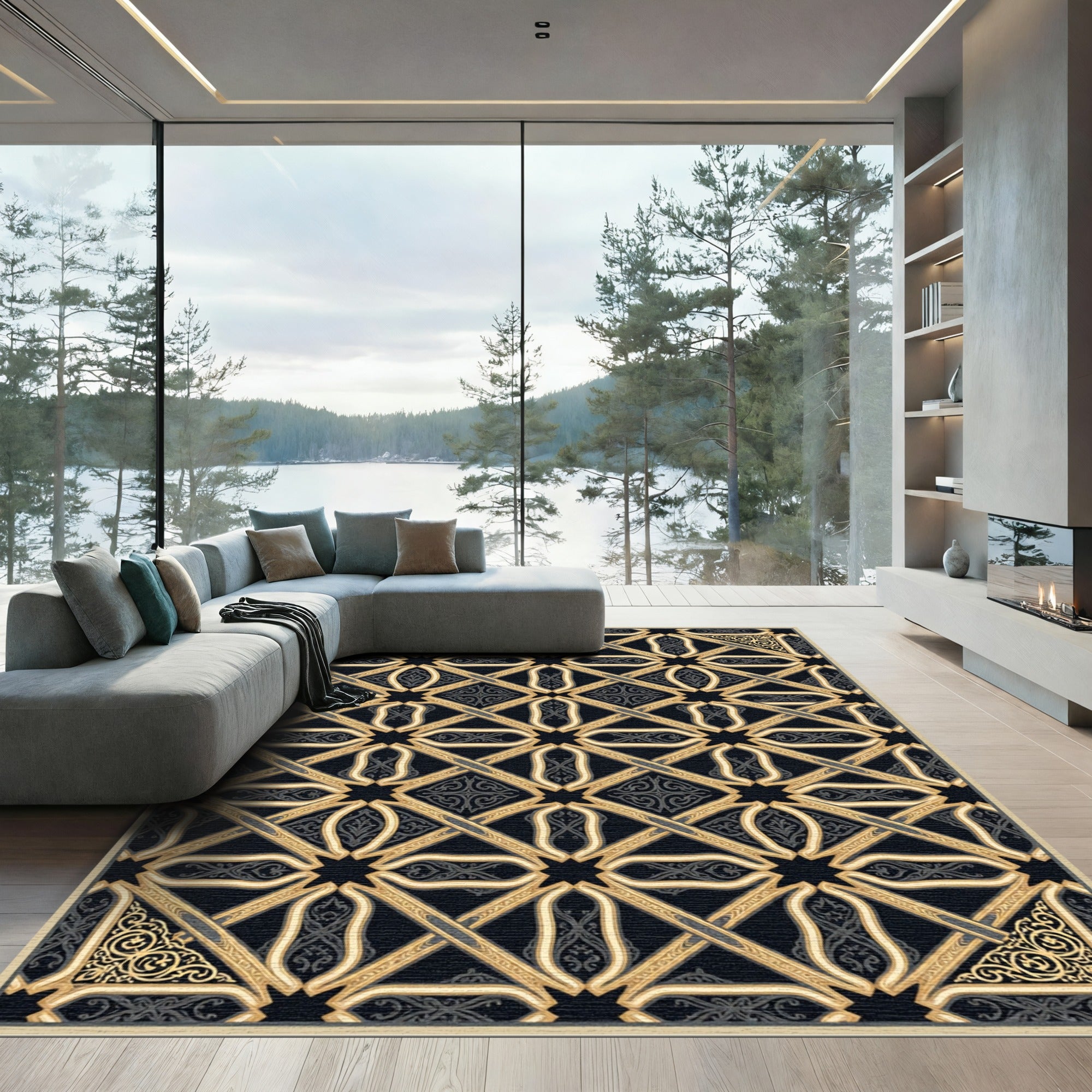 Golden Black Interlocking Geometric Lattice Rug
