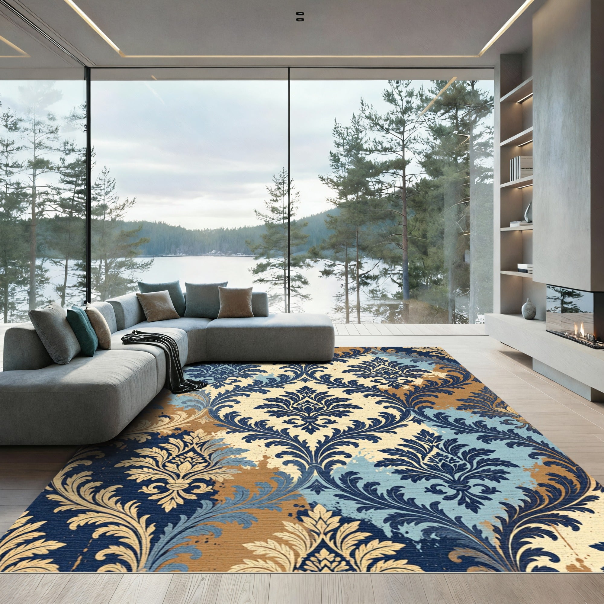 Damask Watercolor Splash Blue Gold Rug