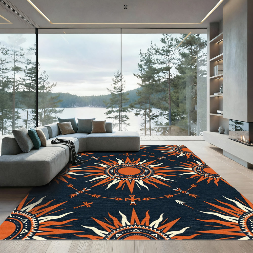 Celestial Sunburst Orange Midnight Sky Rug