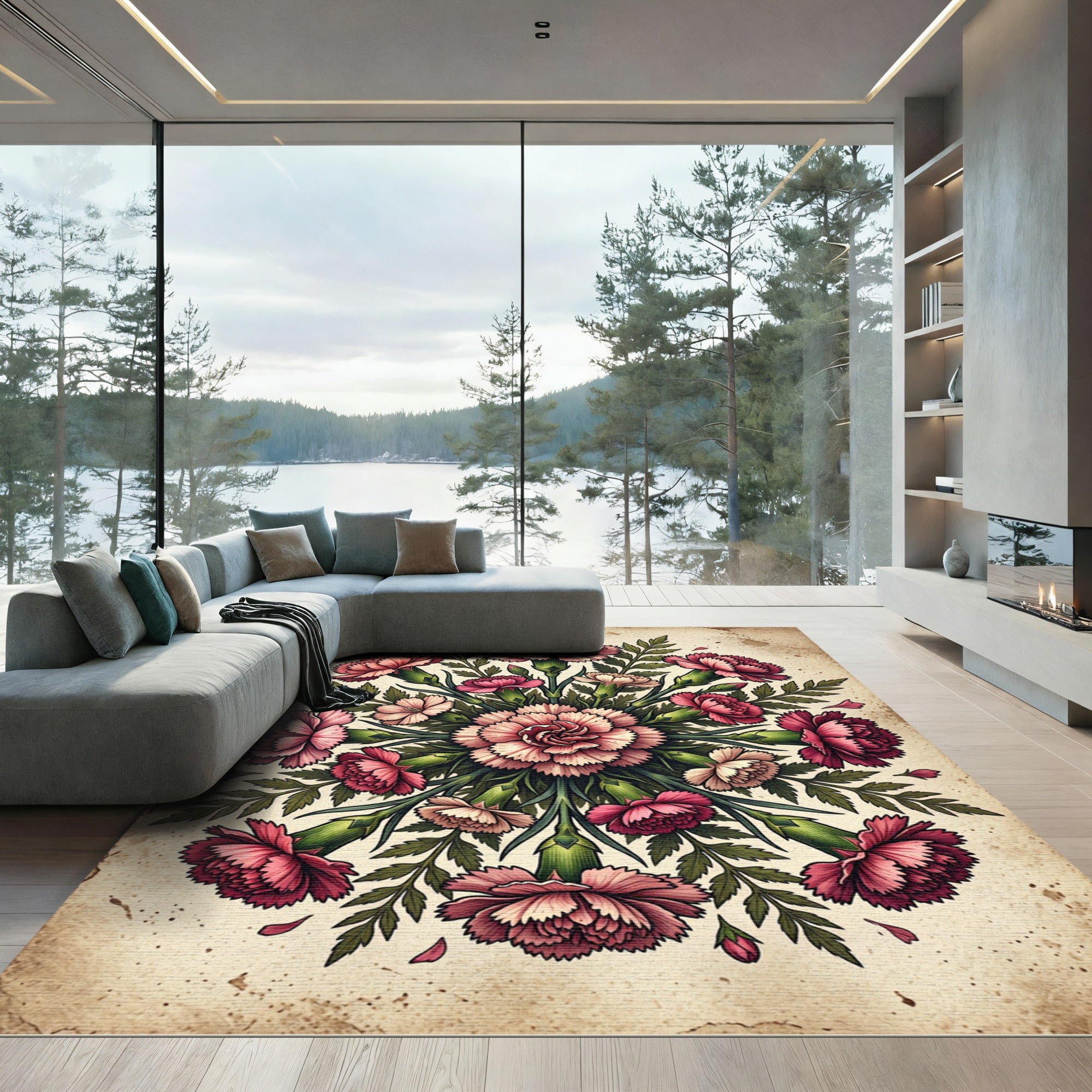 Vintage Pink Carnation Floral Mandala Rug