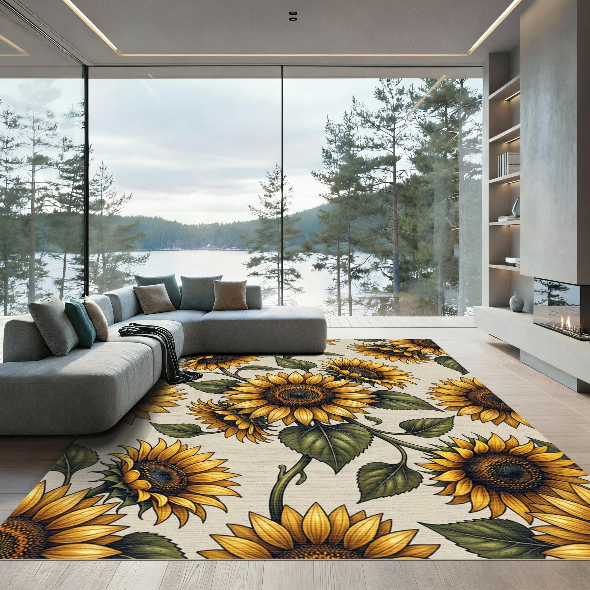 Cheerful Golden Sunflower Botanical Illustration Rug