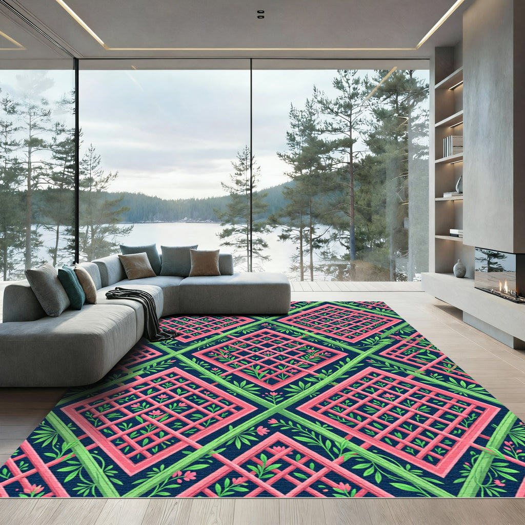 Pink Lattice Garden Trellis Diamond Rug