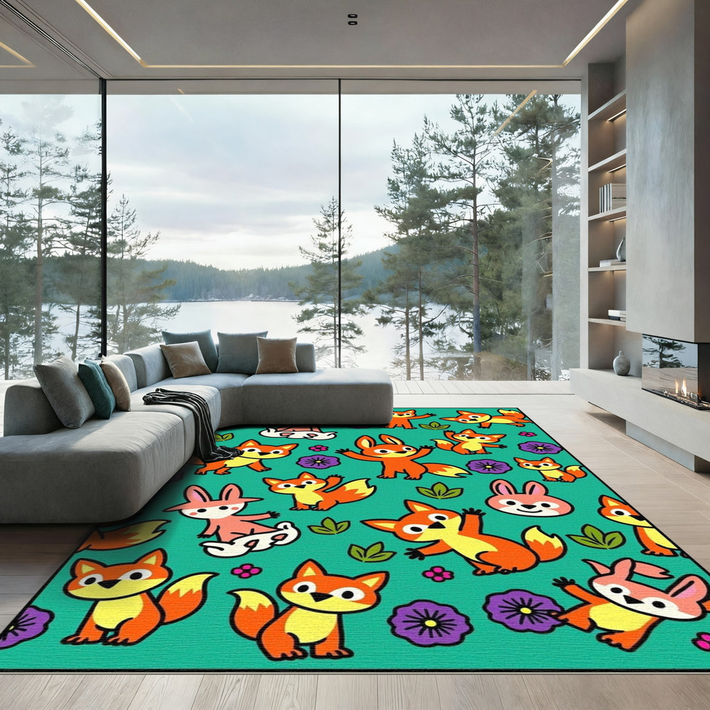 Cute Orange Fox Bunnies Flowers Teal Rug