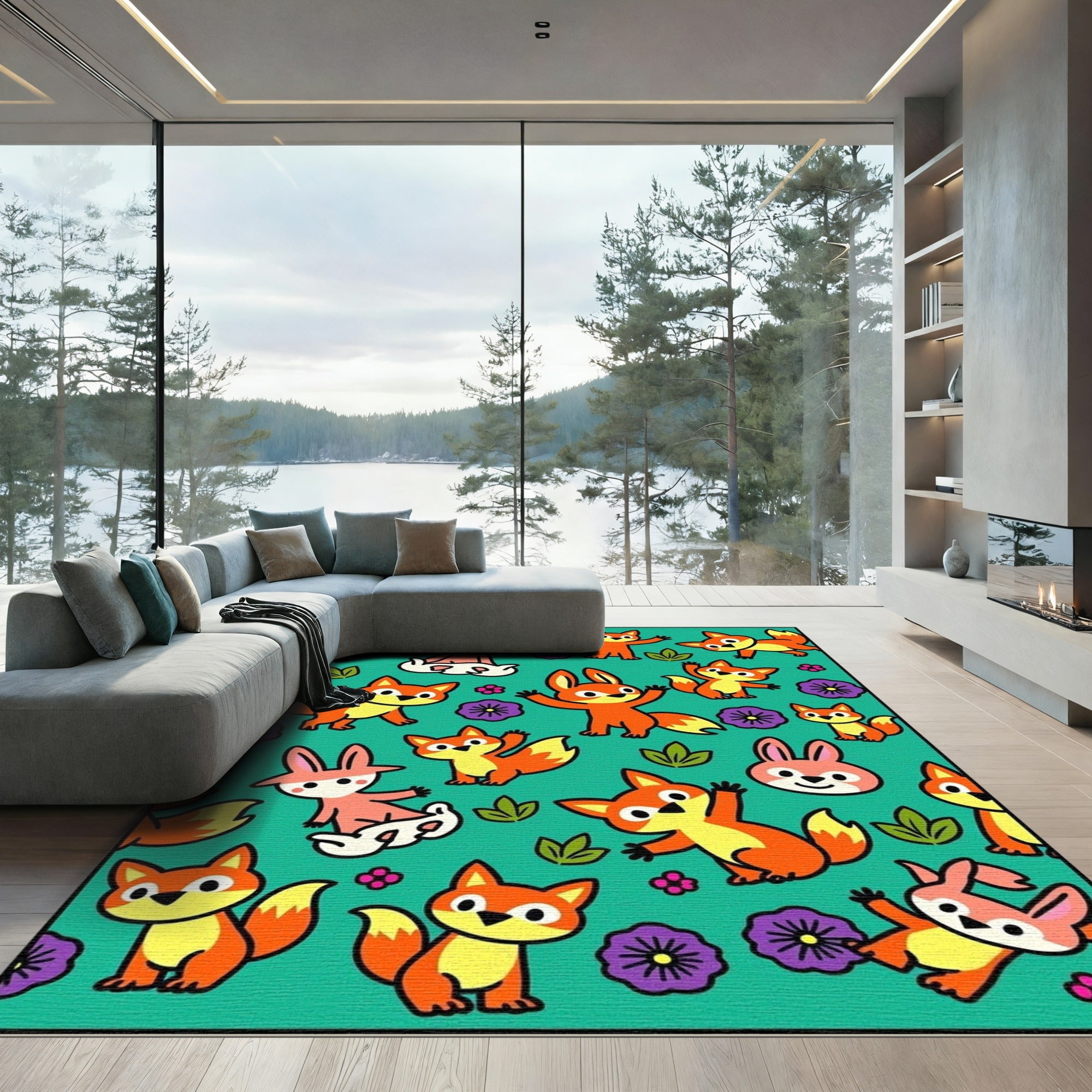 Cute Orange Fox Bunnies Flowers Teal Rug