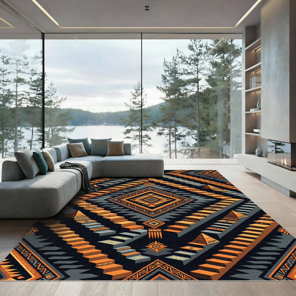 Tribal Orange Staircase Geometric Rug