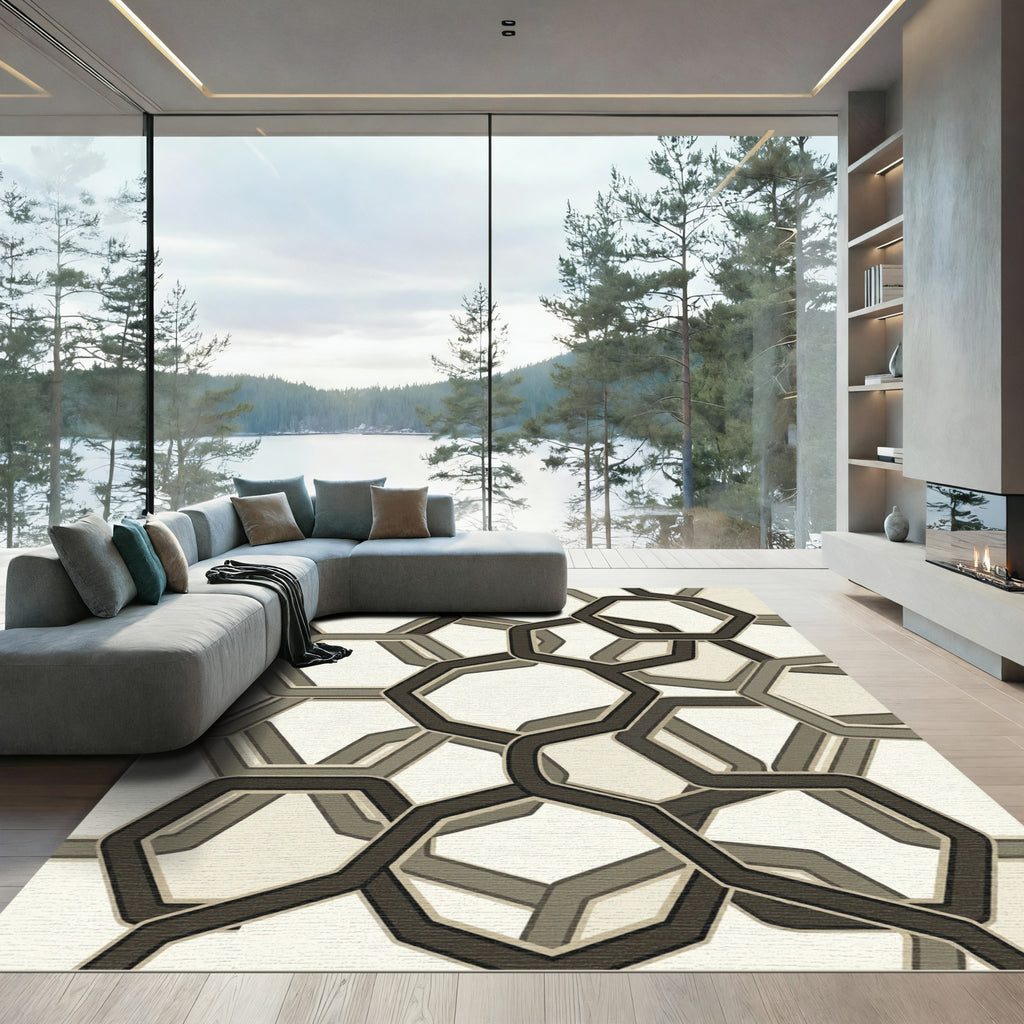Monochromatic Geometric Interlocking Hexagons Rug