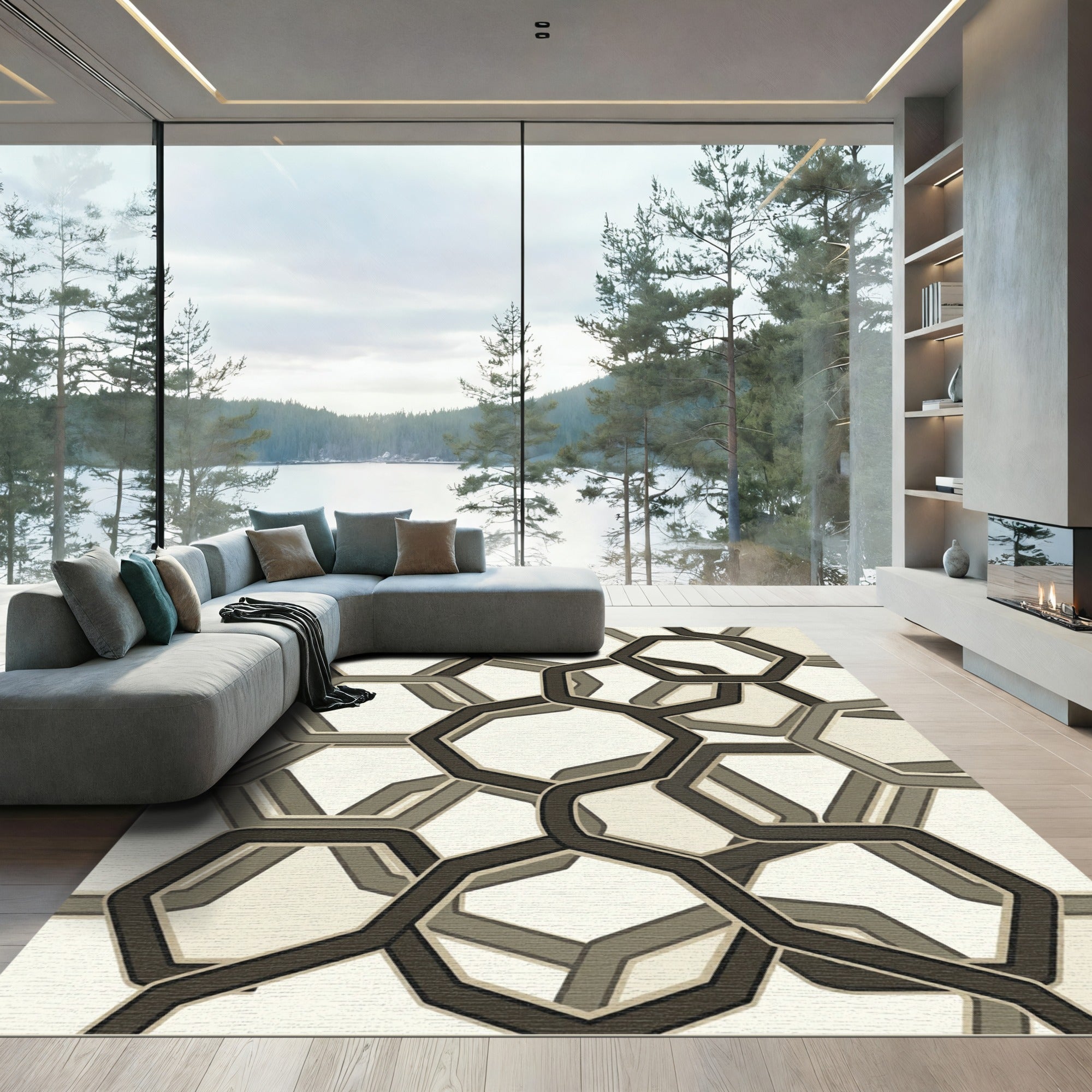 Monochromatic Geometric Interlocking Hexagons Rug