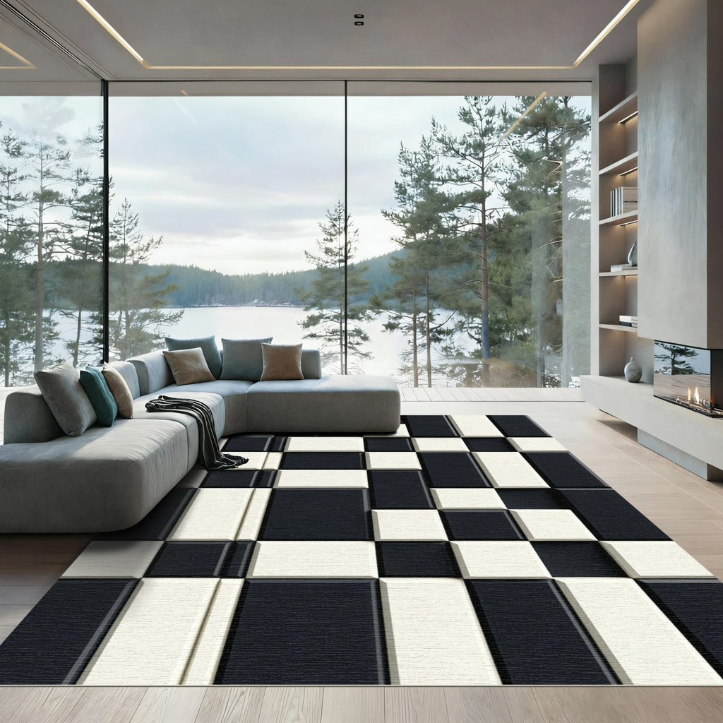 Black White Offset Geometric Blocks Rug