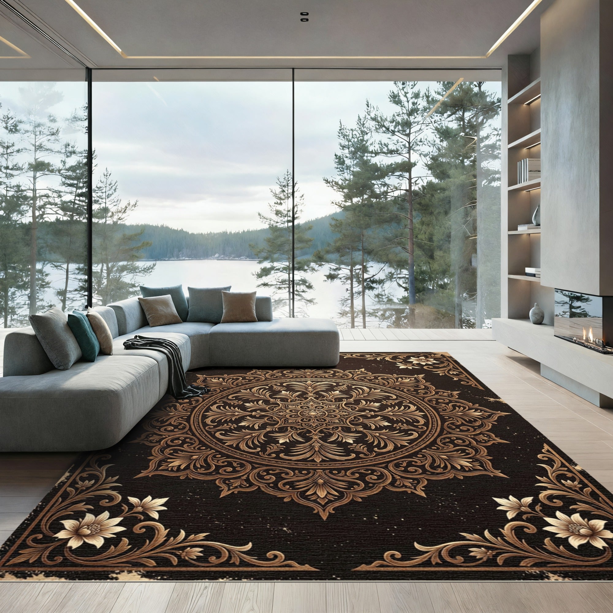Antique Gold Floral Mandala Accents Rug