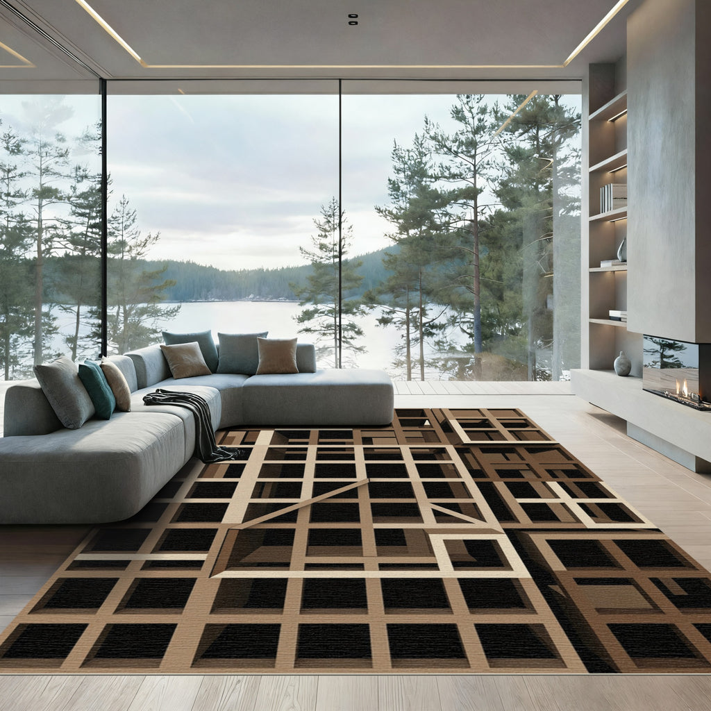 Brown Grid Abstract Architectural Rug