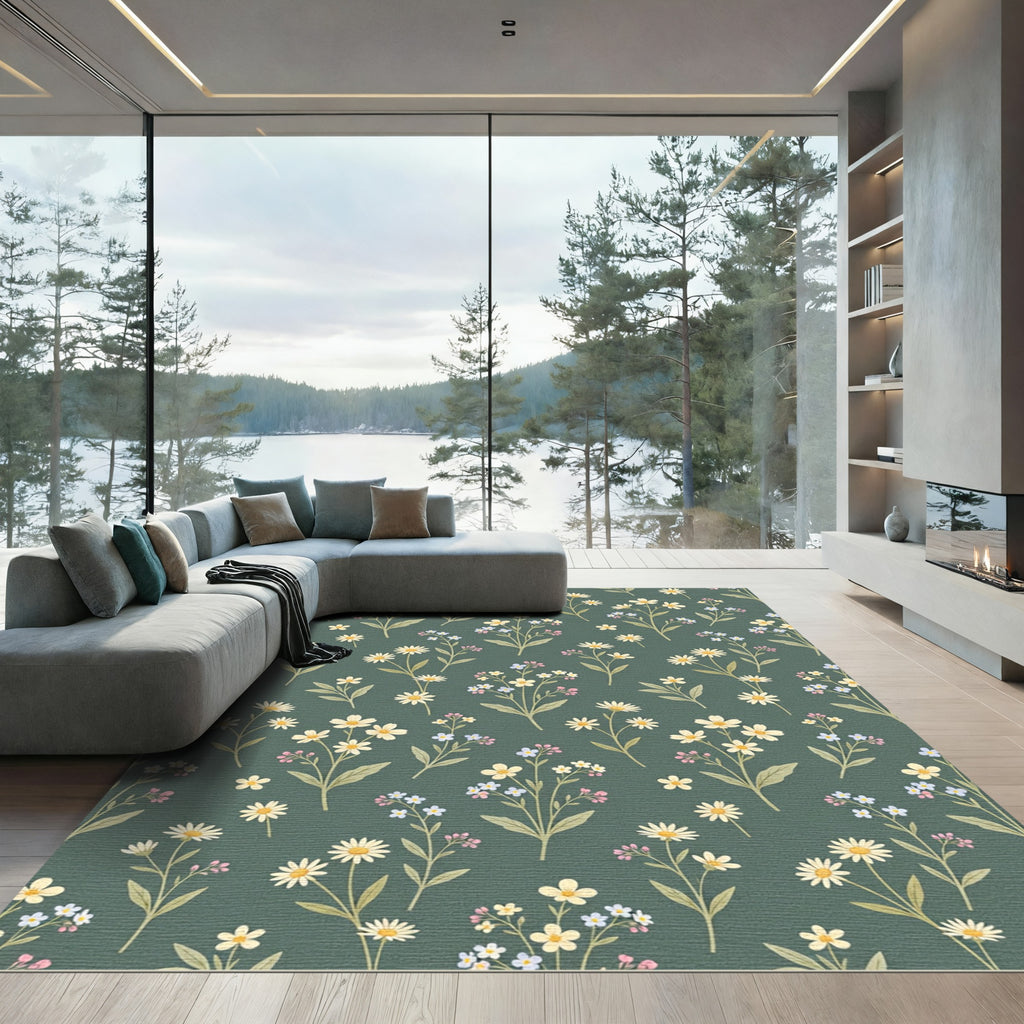 Sage Green Meadow Wildflower Botanical Rug