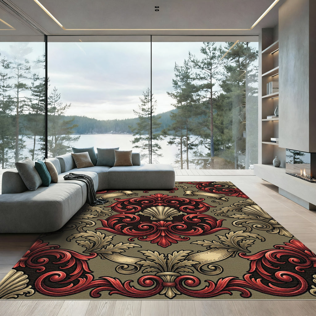 Ornate Red Gold Baroque Scroll Rug