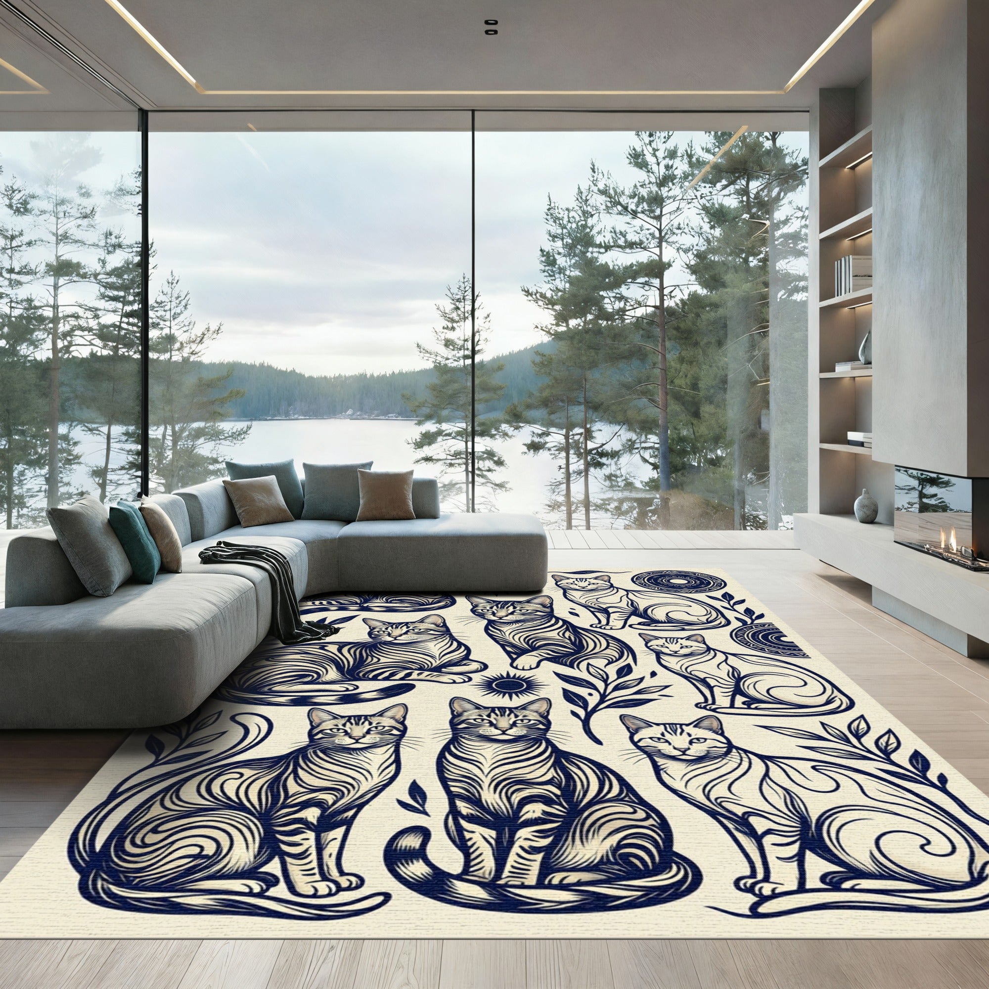 Minimalist Monochrome Feline Sun Art Rug