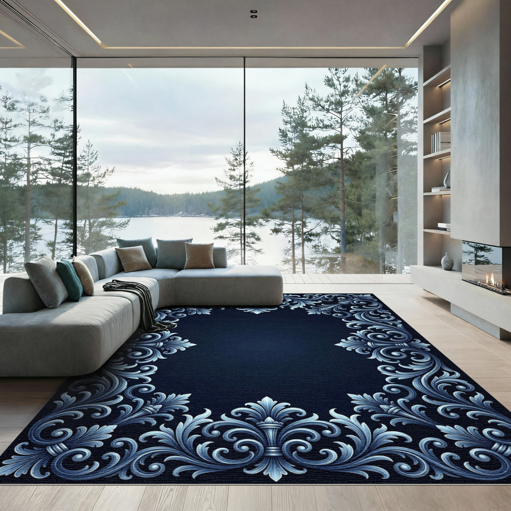 Elegant Dark Blue Acanthus Scrollwork Frame Rug