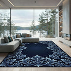 Elegant Dark Blue Acanthus Scrollwork Frame Rug
