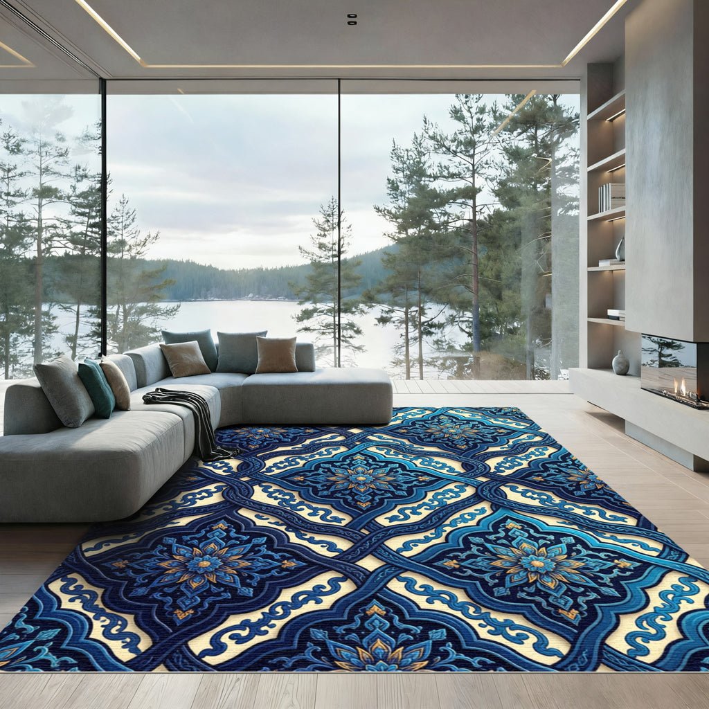 Ornate Blue Golden Floral Lattice Rug