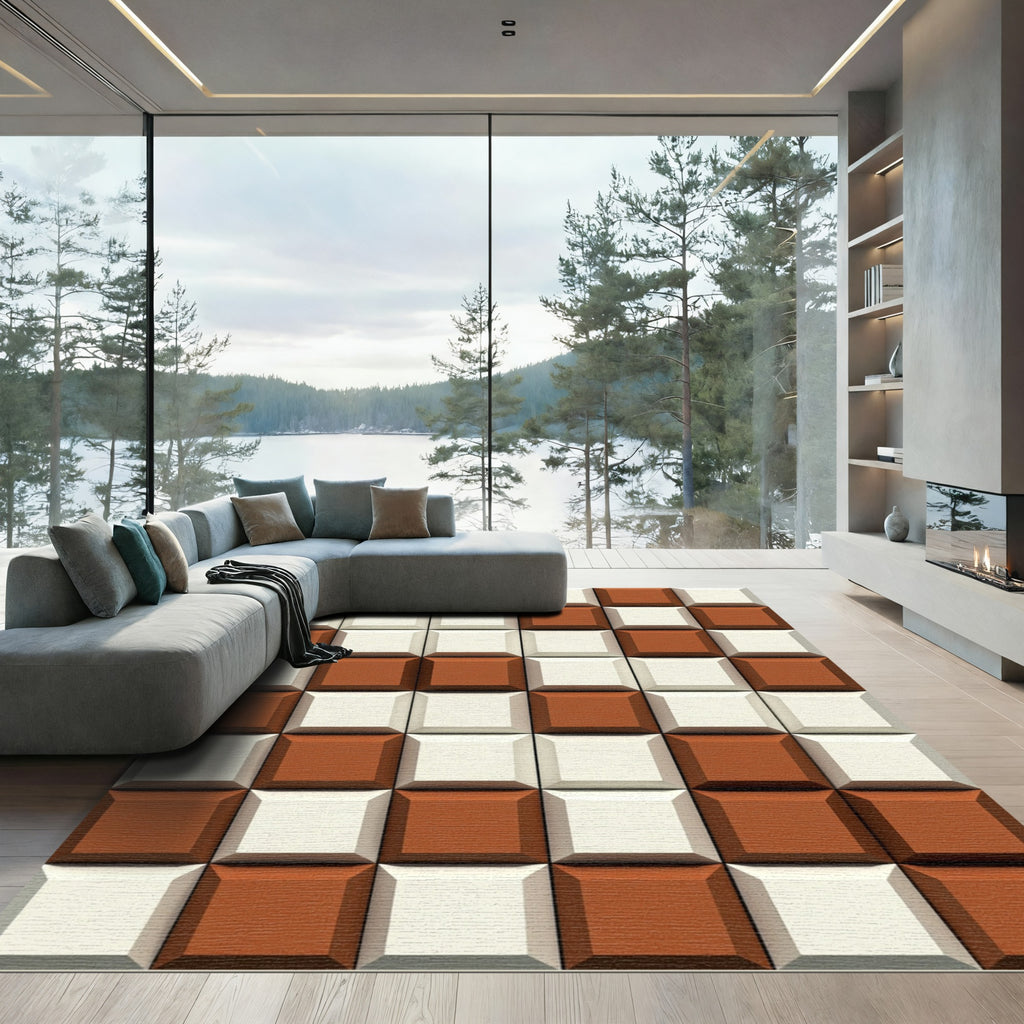 Brown White Checkerboard Geometric Tile Rug
