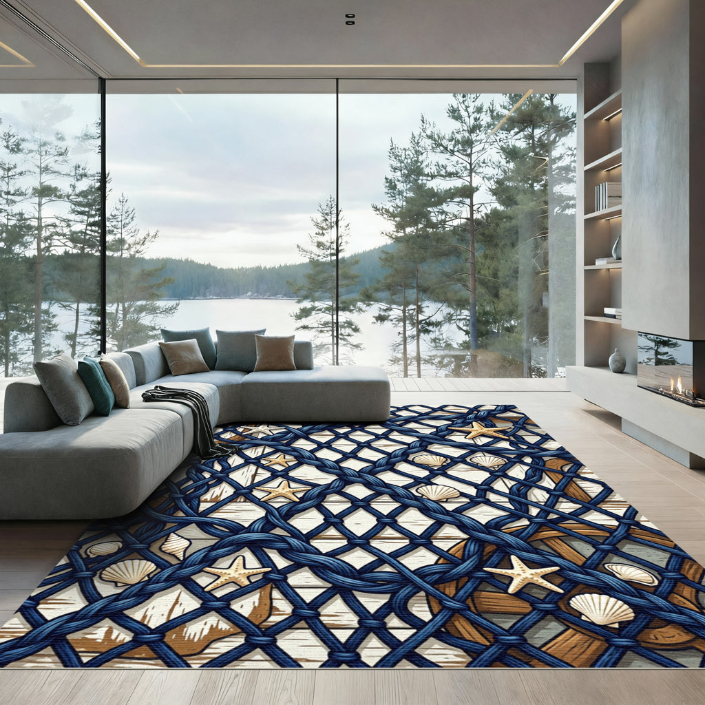 Coastal Navy Rope Starfish Shell Rug