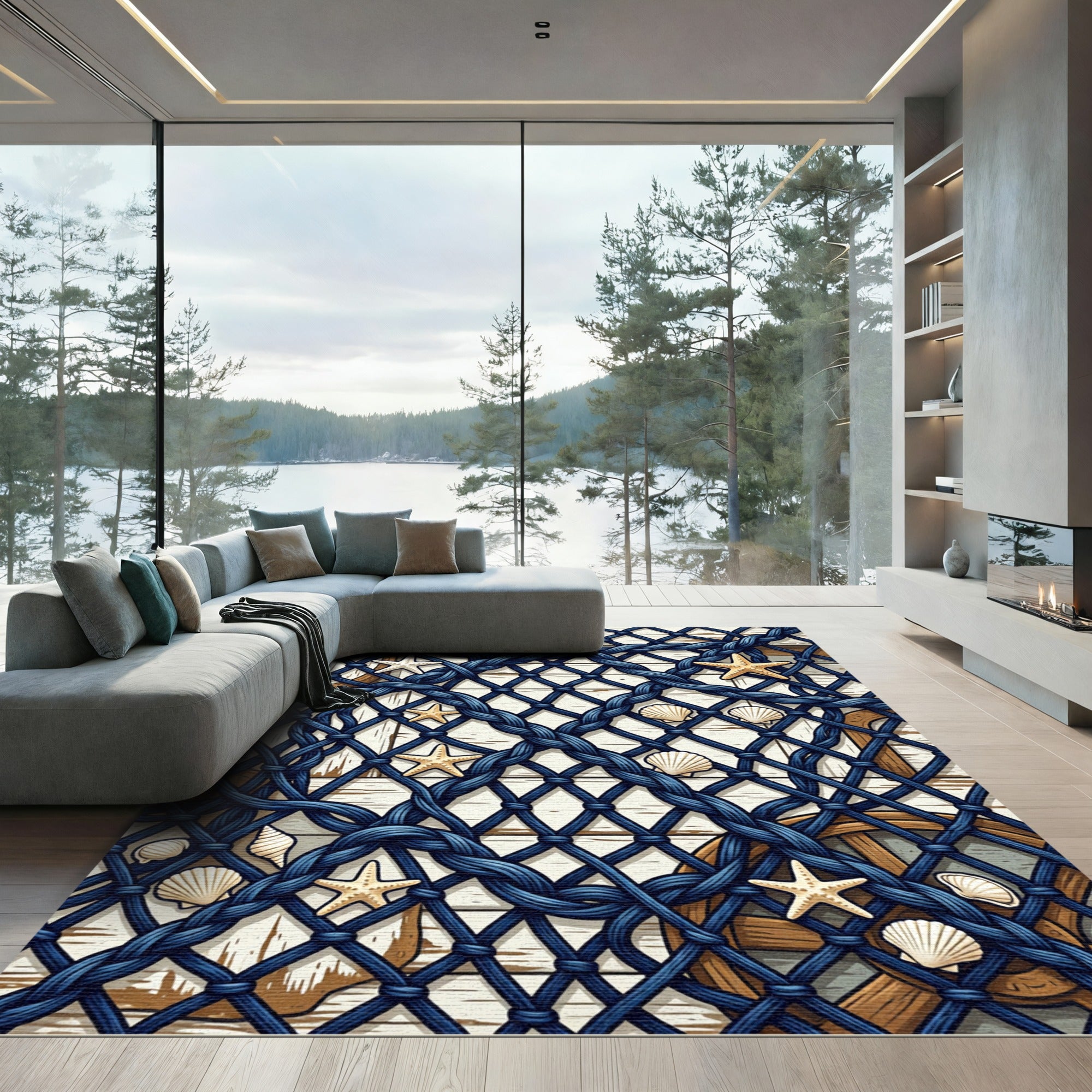 Coastal Navy Rope Starfish Shell Rug