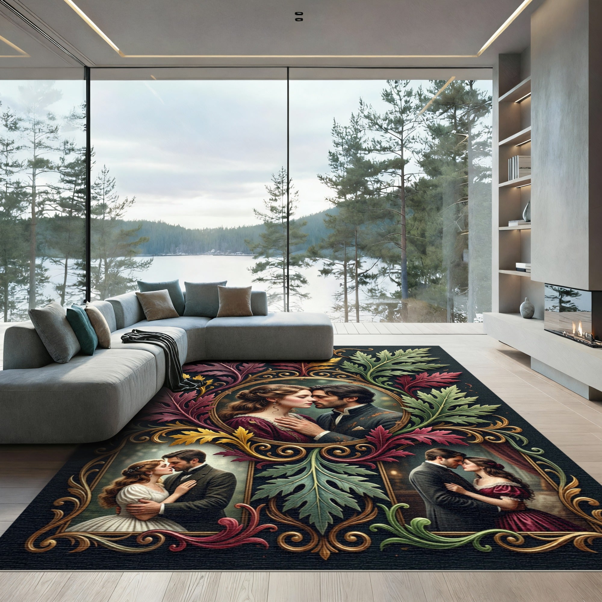 Victorian Couple Romantic Leaf Surround Rug