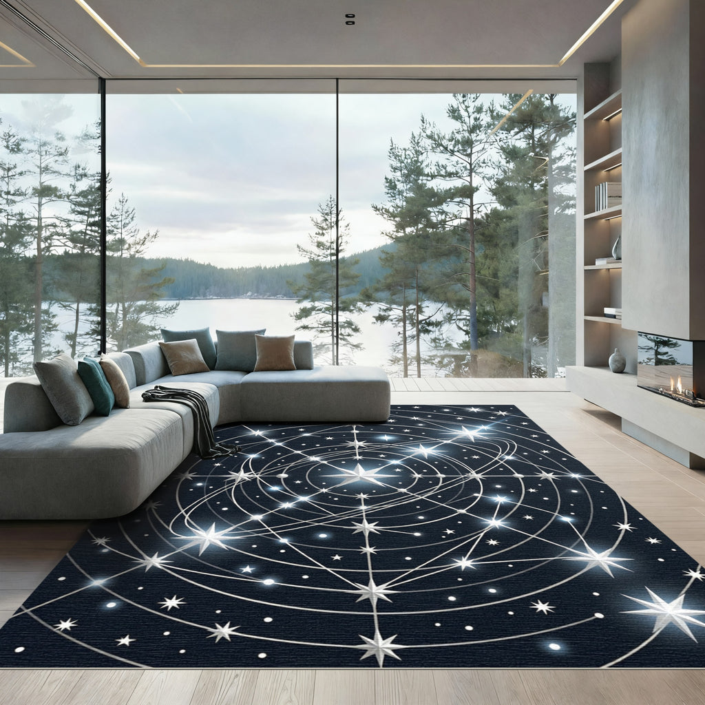 Celestial Silver Starry Midnight Grid Rug