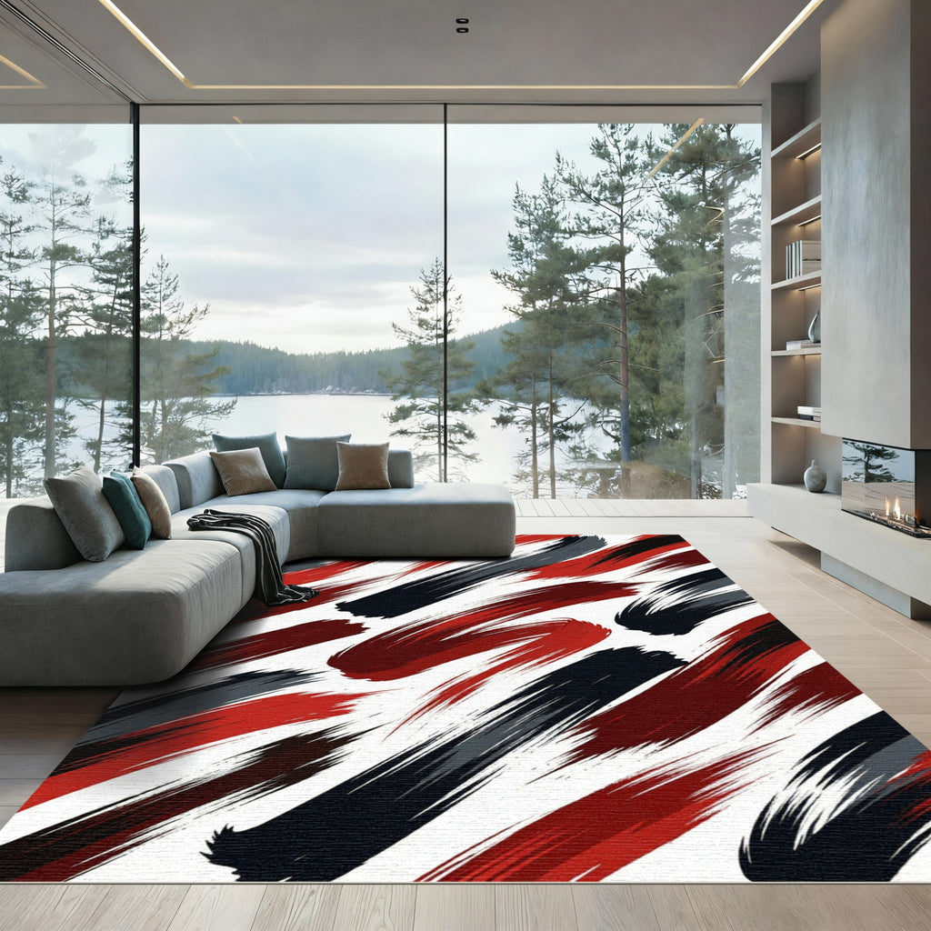 Bold Crimson and Charcoal Abstract Brushstroke Rug