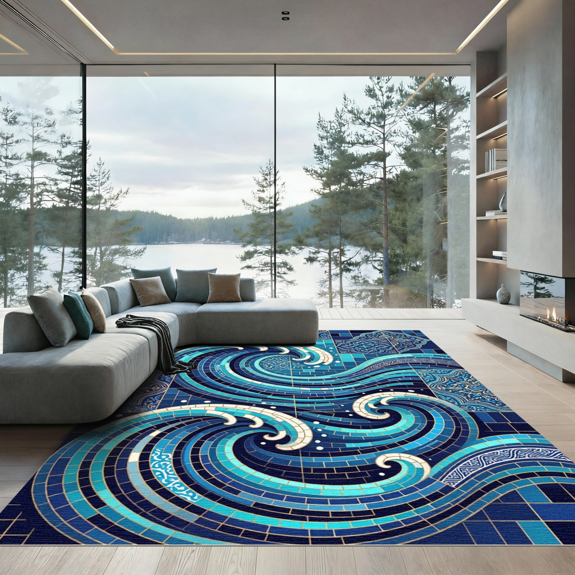 Deep Blue Mosaic Ocean Wave Tiles Rug