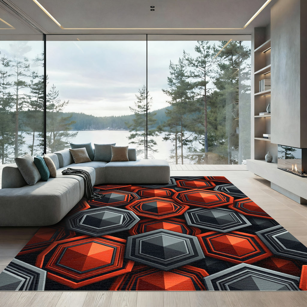 Red Black Hexagonal Geometric Tessellation Rug