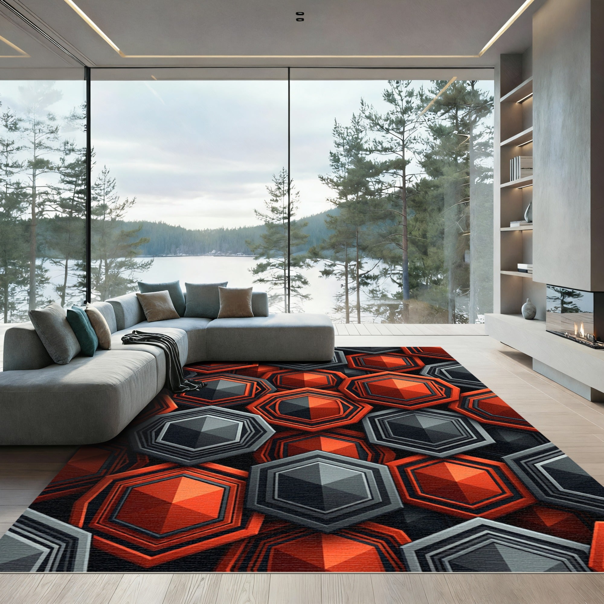 Red Black Hexagonal Geometric Tessellation Rug