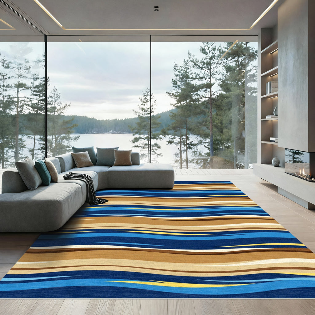 Abstract Blue and Sand Wavy Lines Rug