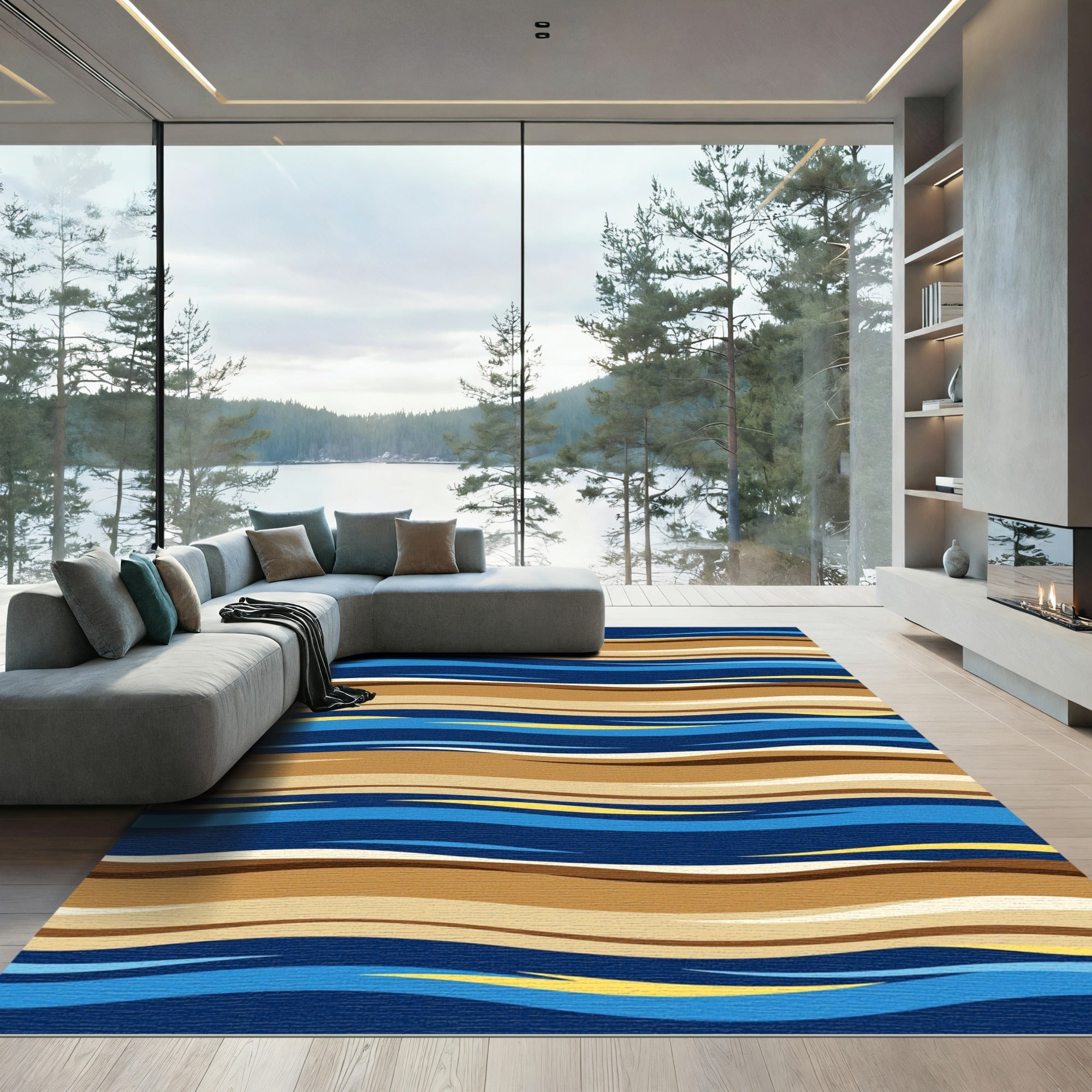 Abstract Blue and Sand Wavy Lines Rug
