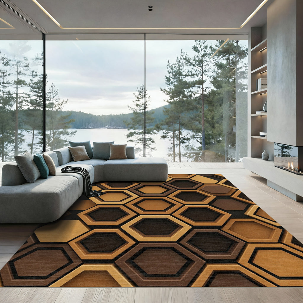 Earthy Brown Hexagon Inlay Rug