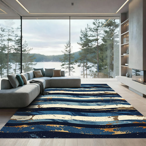 Abstract Navy Blue Gold Wave Lines Rug
