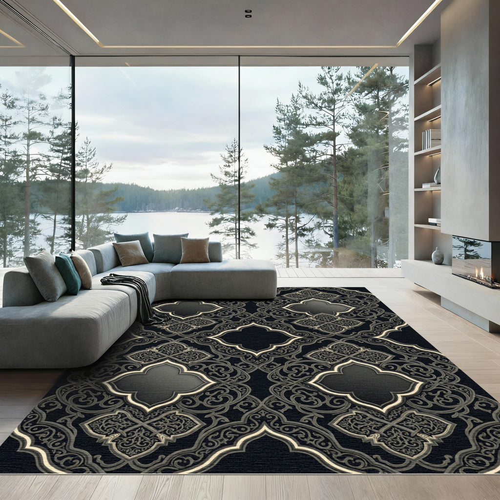Monochromatic Gray Arabesque Medallion Rug