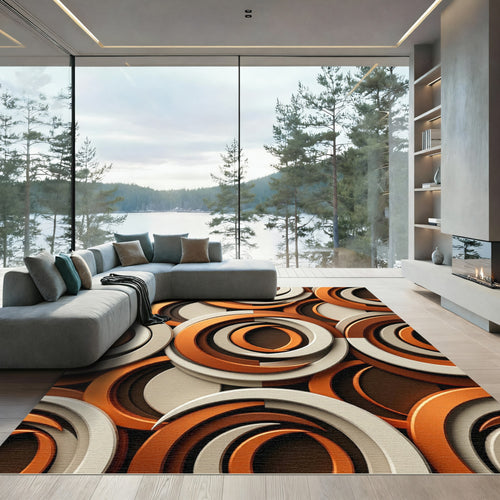 Abstract Copper and Cream Geometric Swirl Rug