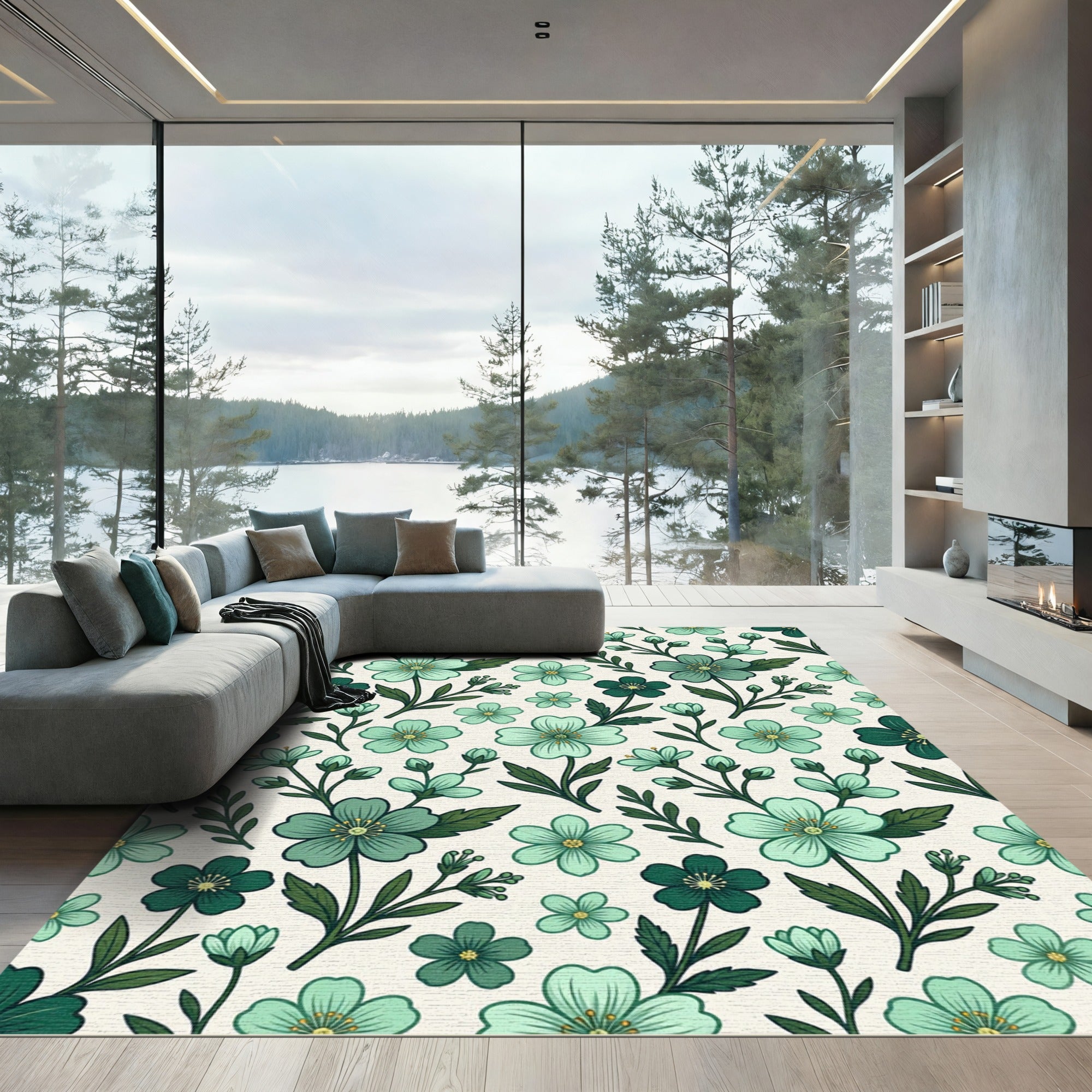 Teal Blossom Garden Pattern Rug