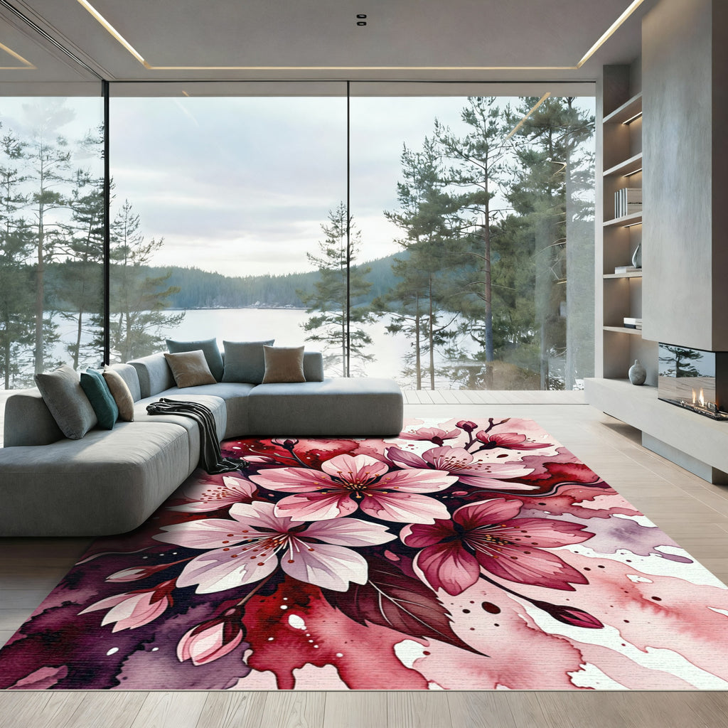 Romantic Pink Cherry Blossom Watercolor Rug